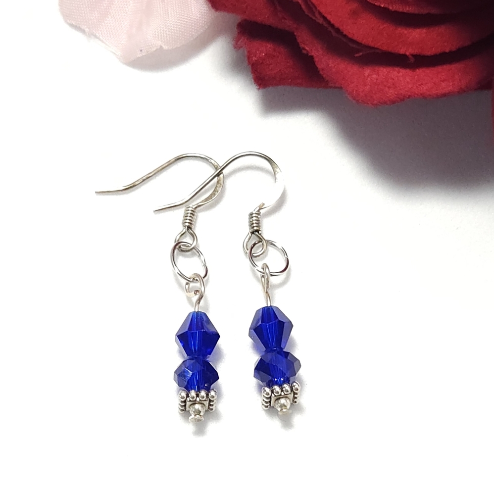 Handmade Cobalt Blue Crystal Silver Dangle Earrings Handmade By Me - Picture 3 of 6